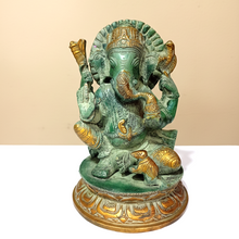 Load image into Gallery viewer, Lord Brass Ganesh ji with Mushak Statue God Idol Size 10.5 x 10.5 x 14.5 cm