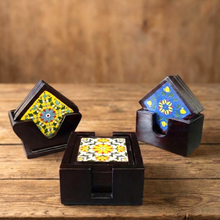 Load image into Gallery viewer, Hand-Painted Ceramic Tile Coaster Set with Wooden Holder - Artisan Drink Coasters | Indian Home Decor | Unique Gift