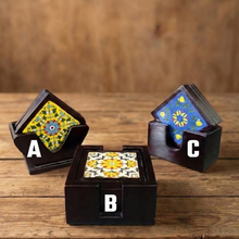 Load image into Gallery viewer, Hand-Painted Ceramic Tile Coaster Set with Wooden Holder - Artisan Drink Coasters | Indian Home Decor | Unique Gift