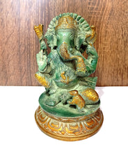 Load image into Gallery viewer, Lord Brass Ganesh ji with Mushak Statue God Idol Size 10.5 x 10.5 x 14.5 cm