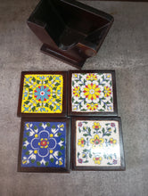 Load image into Gallery viewer, Hand-Painted Ceramic Tile Coaster Set with Wooden Holder - Artisan Drink Coasters | Indian Home Decor | Unique Gift