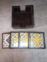 Load image into Gallery viewer, Hand-Painted Ceramic Tile Coaster Set with Wooden Holder - Artisan Drink Coasters | Indian Home Decor | Unique Gift
