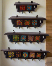 Load image into Gallery viewer, Handmade Wood & Ceramic Tile Hooks | Unique Wall Hangers for Coats, Bags, Keys | Bohemian Farmhouse Decor Set of 4 - Style It by Hanika