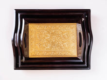 Load image into Gallery viewer, Wooden Tray with Brass Sheet work- 3 piece set - Style It by Hanika