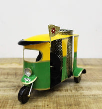 Load image into Gallery viewer, Metal Handcrafted Auto Rickshaw Pen Stand - Painted Size 26.7 x 15.2 x 21.6 cm - Style It by Hanika