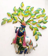 Load image into Gallery viewer, Metal Krishna Cow Tree Wall Decor with LED Backlight - Style It by Hanika