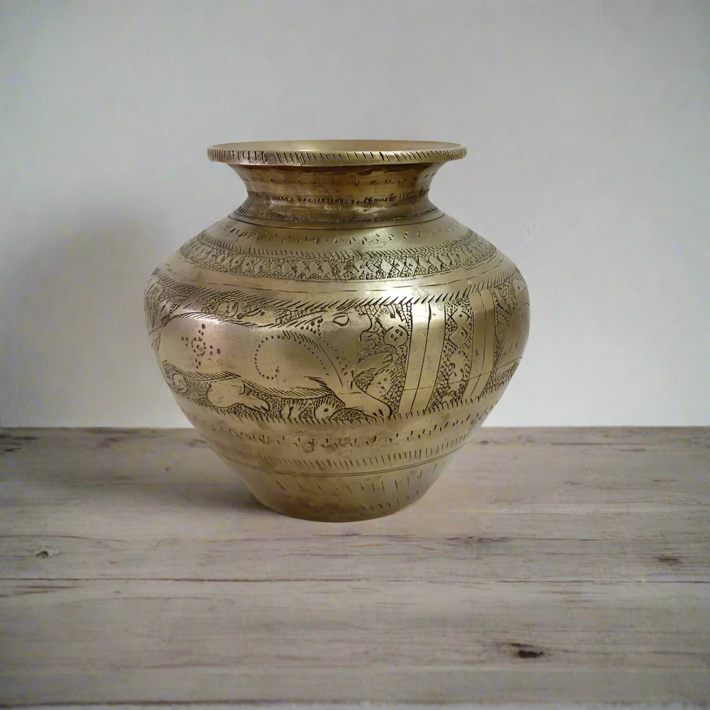 Vintage  Brass Hand-Engraved  Water Pot: Traditional Indian Pooja Vessel
