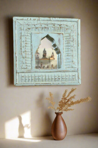 Antique Inspired Handcrafted Wooden Blue Rustic Mirror Indian Jharokha - Style It by Hanika