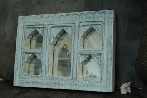 Antique Inspired Handcrafted Wooden Blue Rustic Mirror Indian Jharokha - Style It by Hanika