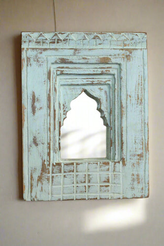 Antique Inspired Handcrafted Wooden Blue Rustic Mirror Indian Jharokha - Style It by Hanika
