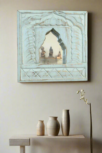 Antique Inspired Handcrafted Wooden Blue Rustic Mirror Indian Jharokha - Style It by Hanika
