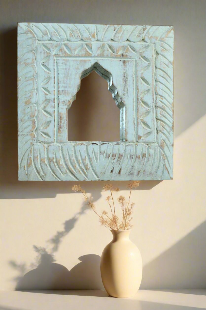 Antique Inspired Handcrafted Wooden Blue Rustic Mirror Indian Jharokha - Style It by Hanika