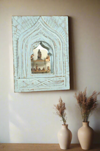 Antique Inspired Handcrafted Wooden Blue Rustic Mirror Indian Jharokha - Style It by Hanika