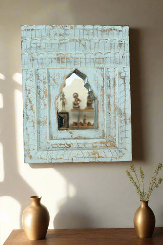 Antique Inspired Handcrafted Wooden Blue Rustic Mirror Indian Jharokha - Style It by Hanika