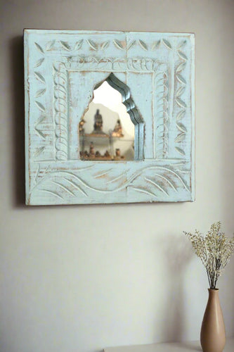 Antique Inspired Handcrafted Wooden Blue Rustic Mirror Indian Jharokha - Style It by Hanika