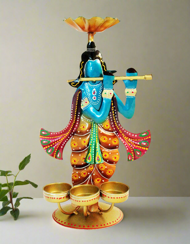Divine Elegance: Handpainted and Handmade Metal Krishna Tea Light Holder - Style It by Hanika