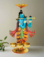 Load image into Gallery viewer, Divine Elegance: Handpainted and Handmade Metal Krishna Tea Light Holder
