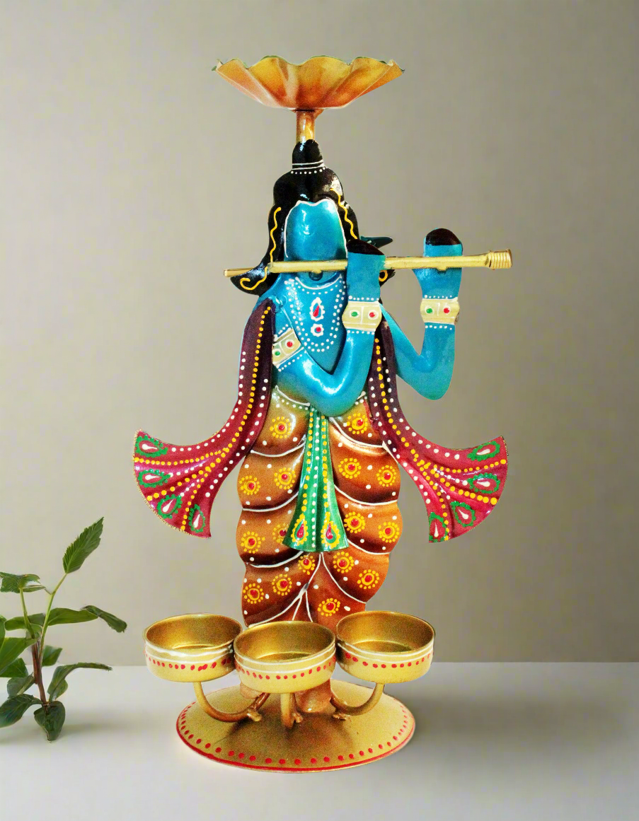 Divine Elegance: Handpainted and Handmade Metal Krishna Tea Light Holder