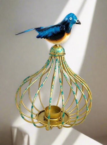 Elegance in Iron: Handcrafted Bird on Pear-Shaped Cage Tealight Holder - Style It by Hanika