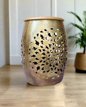 Load image into Gallery viewer, Elegant Hand Crafted Metal Drum Shaped Stool Solid Wood Top - Style It by Hanika
