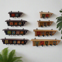 Load image into Gallery viewer, Handmade Wood &amp; Ceramic Tile Hooks | Unique Wall Hangers for Coats, Bags, Keys | Bohemian Farmhouse Decor Set of 4

