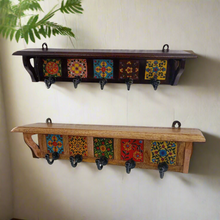 Load image into Gallery viewer, Handmade Wood &amp; Ceramic Tile Hooks | Unique Wall Hangers for Coats, Bags, Keys | Bohemian Farmhouse Decor Set of 4
