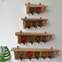 Load image into Gallery viewer, Handmade Wood &amp; Ceramic Tile Hooks | Unique Wall Hangers for Coats, Bags, Keys | Bohemian Farmhouse Decor Set of 4
