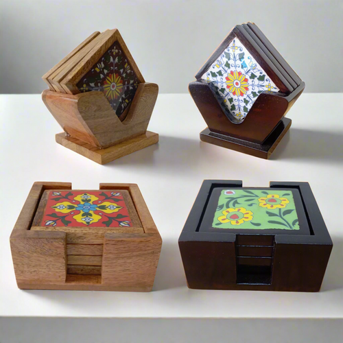 Hand-Painted Ceramic Tile Coaster Set with Wooden Holder - Artisan Drink Coasters | Indian Home Decor | Unique Gift - Style It by Hanika
