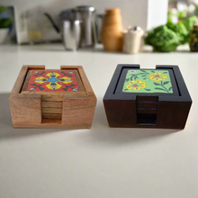 Load image into Gallery viewer, Hand-Painted Ceramic Tile Coaster Set with Wooden Holder - Artisan Drink Coasters | Indian Home Decor | Unique Gift - Style It by Hanika
