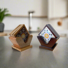 Load image into Gallery viewer, Hand-Painted Ceramic Tile Coaster Set with Wooden Holder - Artisan Drink Coasters | Indian Home Decor | Unique Gift - Style It by Hanika

