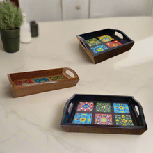 Load image into Gallery viewer, Hand-Painted Wooden Serving Tray | Moroccan Tile Decor | Rustic Farmhouse Tray | Unique Hostess Gift | Kitchen &amp; Dining Decor - Style It by Hanika
