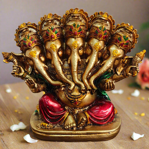 Handcrafted 5-Face Ganesha Idol | Multicolor Poly Resin Statue | Tribal Artisan Made from Rajasthan | Hindu Home Decor - Style It by Hanika