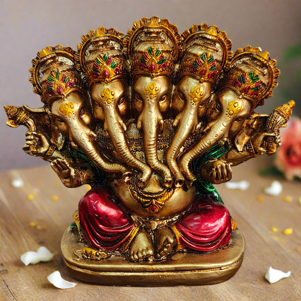 Handcrafted 5-Face Ganesha Idol | Multicolor Poly Resin Statue | Tribal Artisan Made from Rajasthan | Hindu Home Decor - Style It by Hanika