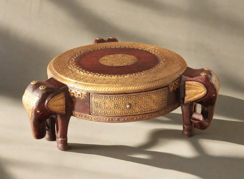 Handcrafted Wooden Elephant Chowki with Brass Fittings - Antique Finish - Style It by Hanika