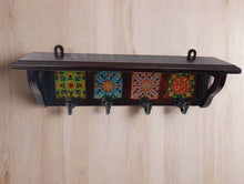 Load image into Gallery viewer, Handmade Wood &amp; Ceramic Tile Hooks | Unique Wall Hangers for Coats, Bags, Keys | Bohemian Farmhouse Decor Set of 4 - Style It by Hanika
