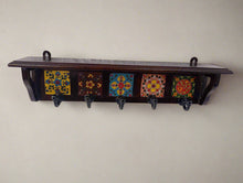 Load image into Gallery viewer, Handmade Wood &amp; Ceramic Tile Hooks | Unique Wall Hangers for Coats, Bags, Keys | Bohemian Farmhouse Decor Set of 4 - Style It by Hanika
