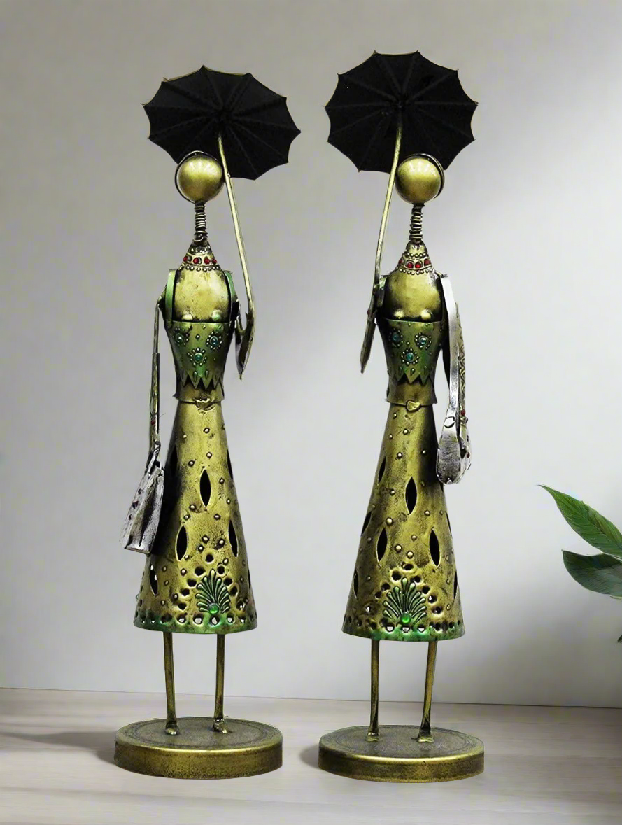 Iron Handcrafted Umbrella Lady - Home & Office Decor Set of 2 Pieces Size 10.2 x 10.2 x 44.5 cm