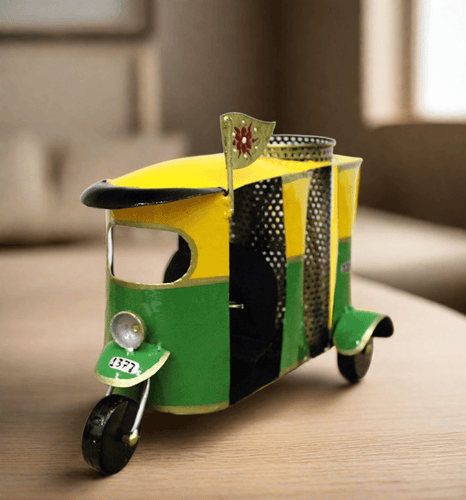 Metal Handcrafted Auto Rickshaw Pen Stand - Painted Size 26.7 x 15.2 x 21.6 cm - Style It by Hanika