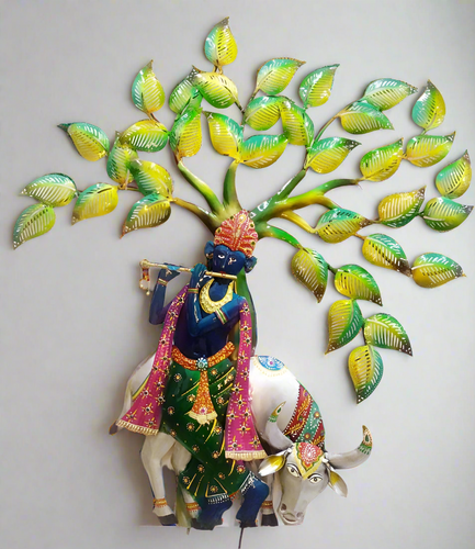 Metal Krishna Cow Tree Wall Decor with LED Backlight - Style It by Hanika