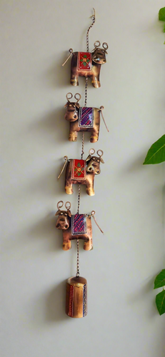 Rustic Charm: Handcrafted Wooden 4 Cow Bell Wind Chimes Wall Decor - Style It by Hanika
