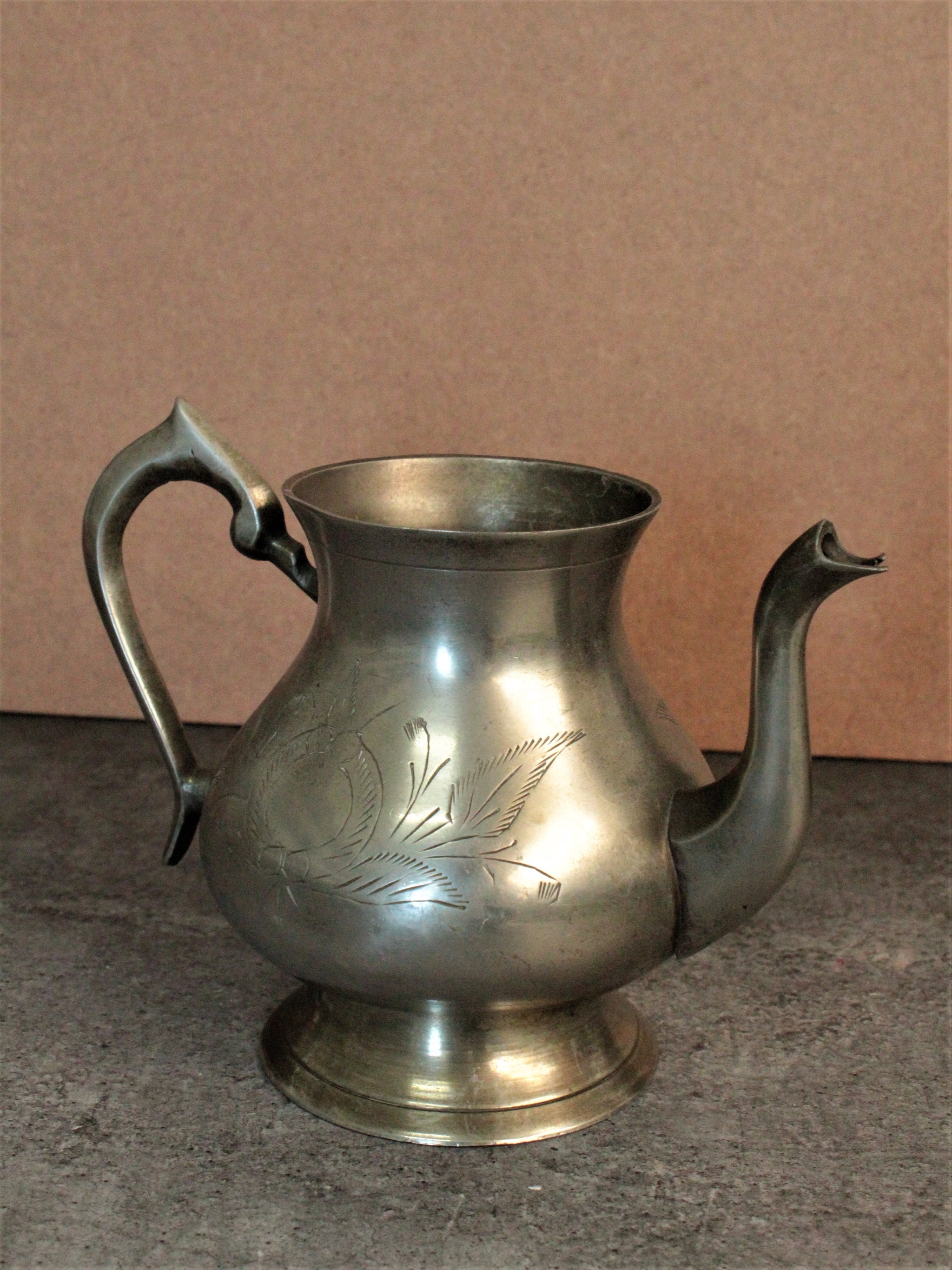 Vintage Engraved Brass Kettle with Swan Spout