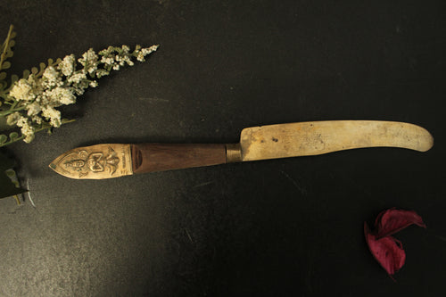 Vintage Handcrafted Brass & Wood Letter Opener / Butter Knife with Embossed Design - Style It by Hanika