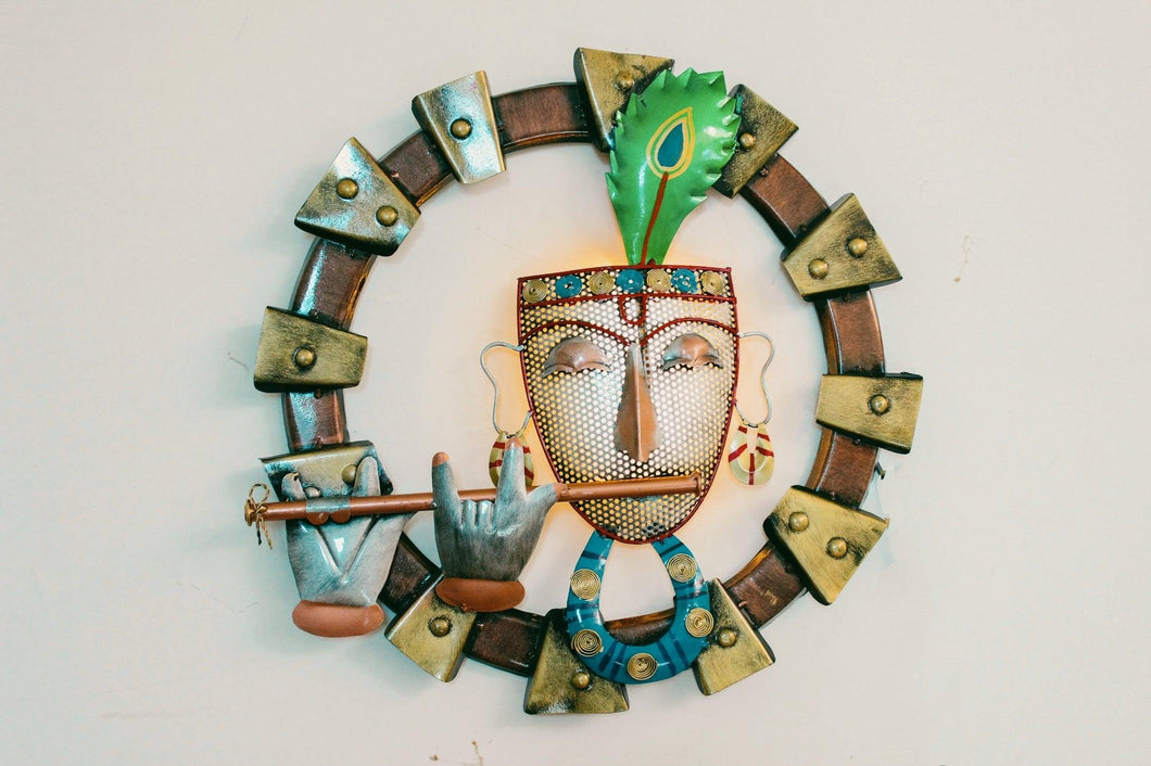 Beautiful Lord Krishna Playing Flute Wall Round Frame with LED - Style It by Hanika