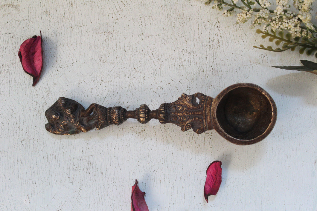 Brass Temple/Pooja Spoon: Vintage Hanuman Finial Design(Size-6.5