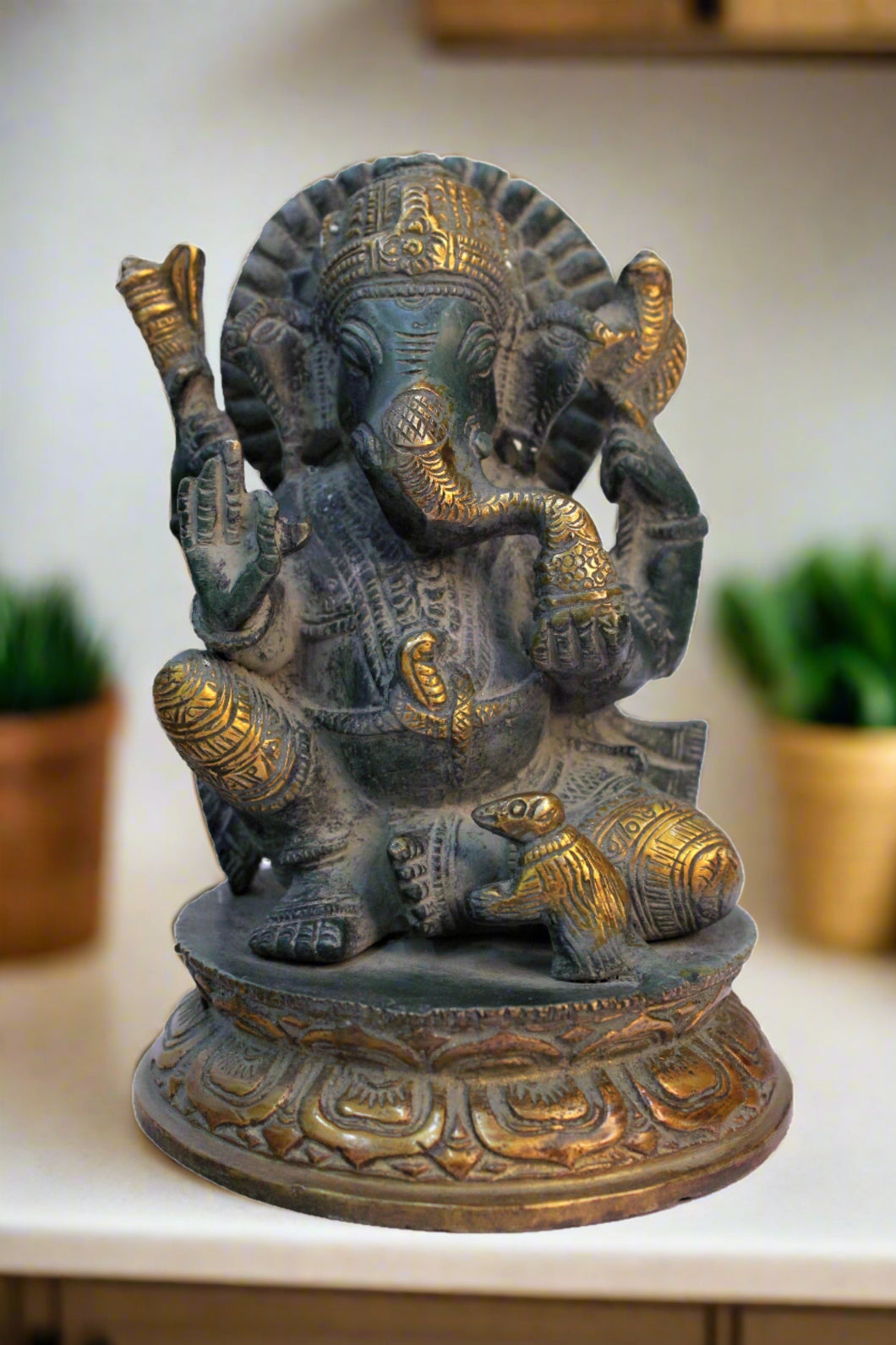 Lord Brass Ganesh ji with Mushak Statue God Idol Size 10.5 x 10.5 x 14.5 cm - Style It by Hanika