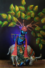 Load image into Gallery viewer, Metal Krishna Cow Tree Wall Decor with LED Backlight - Style It by Hanika
