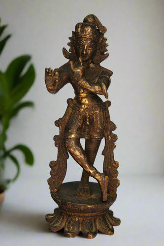 Vintage Brass Murti God Of Love Krishna On Flower Size 7 x 7 x 19 cm - Style It by Hanika