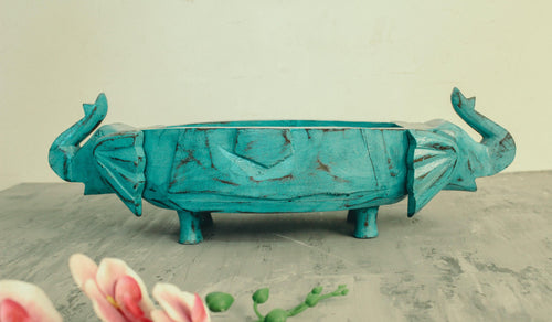 Wooden Distressed Boat Shaped Tray with Elephant Face - Style It by Hanika